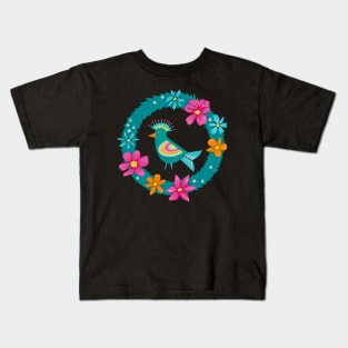 Colorful bird in a green wreath with flowers | repeat pattern Kids T-Shirt